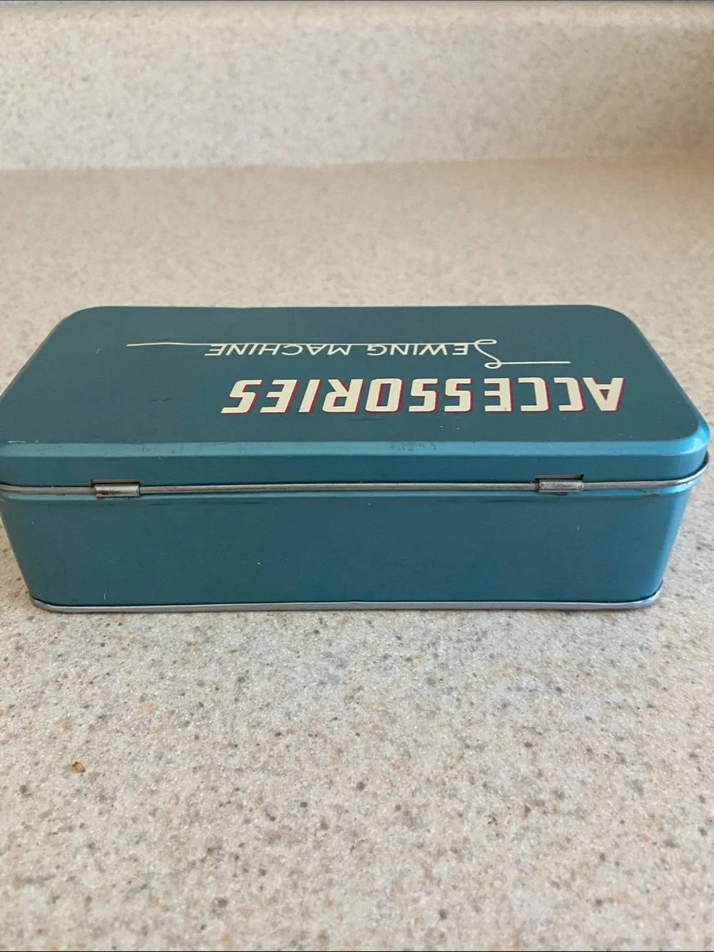Vintage Sewing Machine Accessories Tin Blue Metal Storage Box